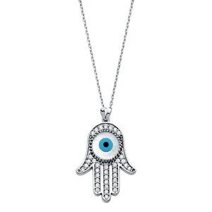 New 14K White Gold or Yellow gold  Evil Eye Hand Hamsa Necklace 18”